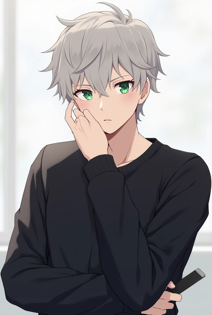 This image is、Shows the illustration of a young man。He is wearing a black sweatshirt、While holding the smartphone in one hand、The other hand is supporting the chin。His hair is short、In pale grey、I feel a little disorganized.、The eyes are bright green。His expression seems a little thoughtful.、It creates a calm atmosphere。The background is simple、His appearance stands out。overall、Stylish and attractive visuals。
handsome man。Handsome。