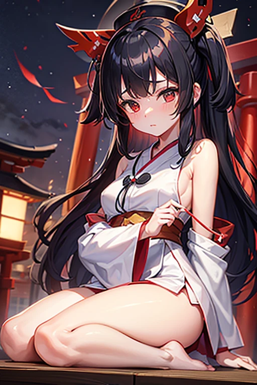 Girl in shrine maiden outfit, black hair, calm expression, late night, shrine, talisman, darkness, solemnity, large torii gate, hamaya arrow