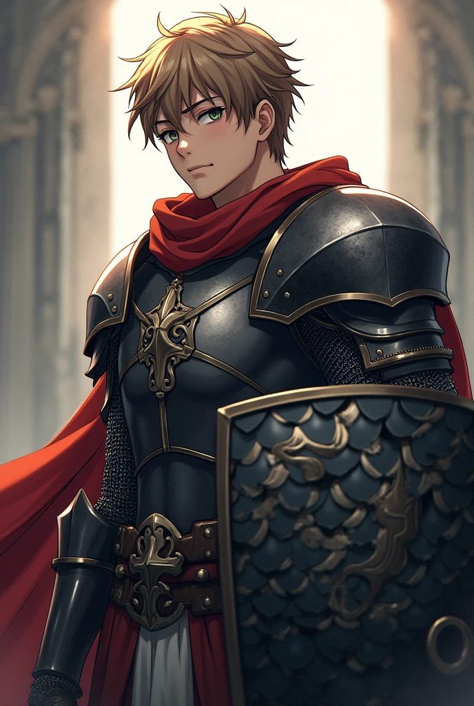 A male anime character, strong and average height, with short light brown hair and dark eyes, wearing chain mail and holding a shield with black dragon scales