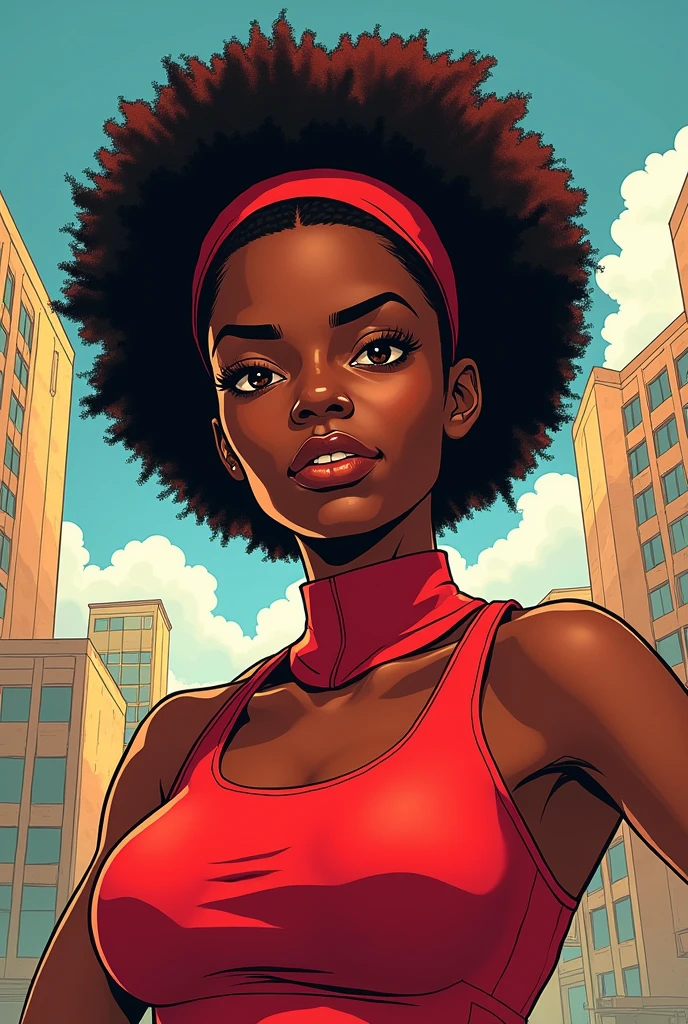 a cartoon of a woman with a red top and a red headband, female lead character, nerdy black girl super hero, 90s comic book character design, afro futurism, a portrait of the character, red afro, anya from spy x family, by Ella Guru, portrait of modern darna, full body character portrait, character full body portrait, colored illustration, afro