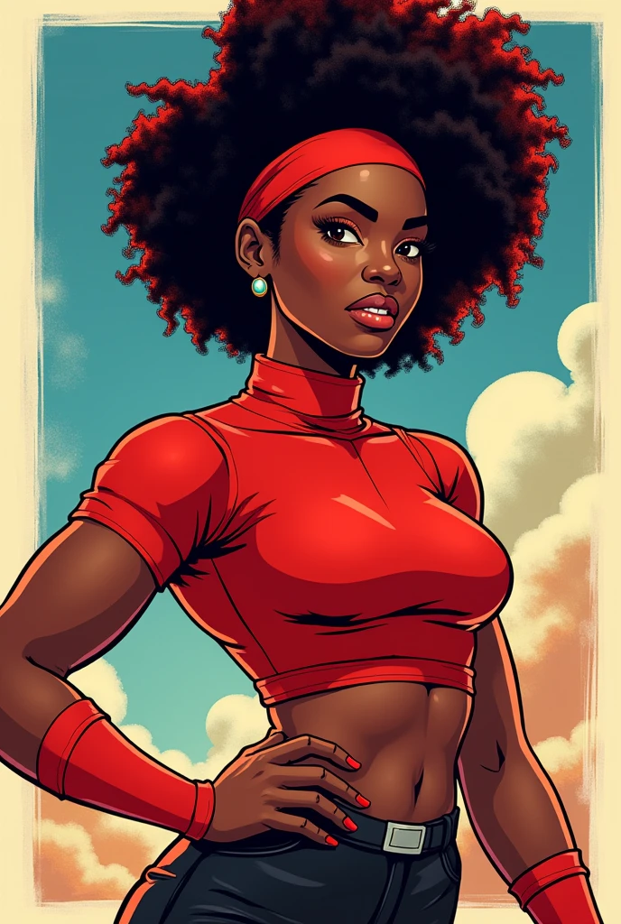a cartoon of a woman with a red top and a red headband, female lead character, nerdy black girl super hero, 90s comic book character design, afro futurism, a portrait of the character, red afro, anya from spy x family, by Ella Guru, portrait of modern darna, full body character portrait, character full body portrait, colored illustration, afro