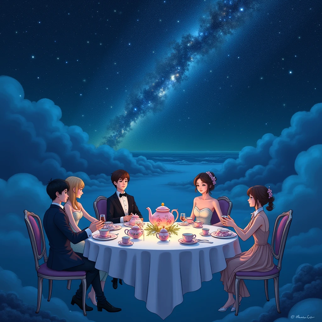 surreal Scene, abstract fantasy art, On a peaceful night,A group of people in formal attire hold a tea party under the stars,The tea table floats in the air,Surrounded by twinkling stars and slowly rotating galaxies。The colors are mainly the deep blue of the night sky and the delicate colors of tea sets,The light and shadow are mainly the twinkling of stars,The details are reflected in the costumes of the characters and the elegant atmosphere of the tea .