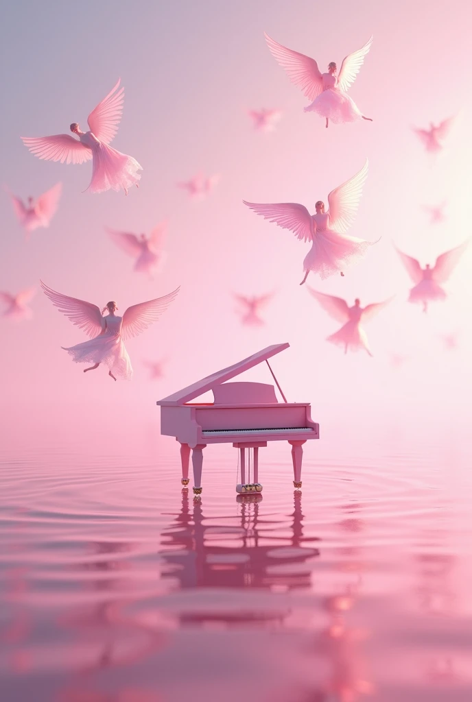 A piano in the middle of a pink sea, and angels flying