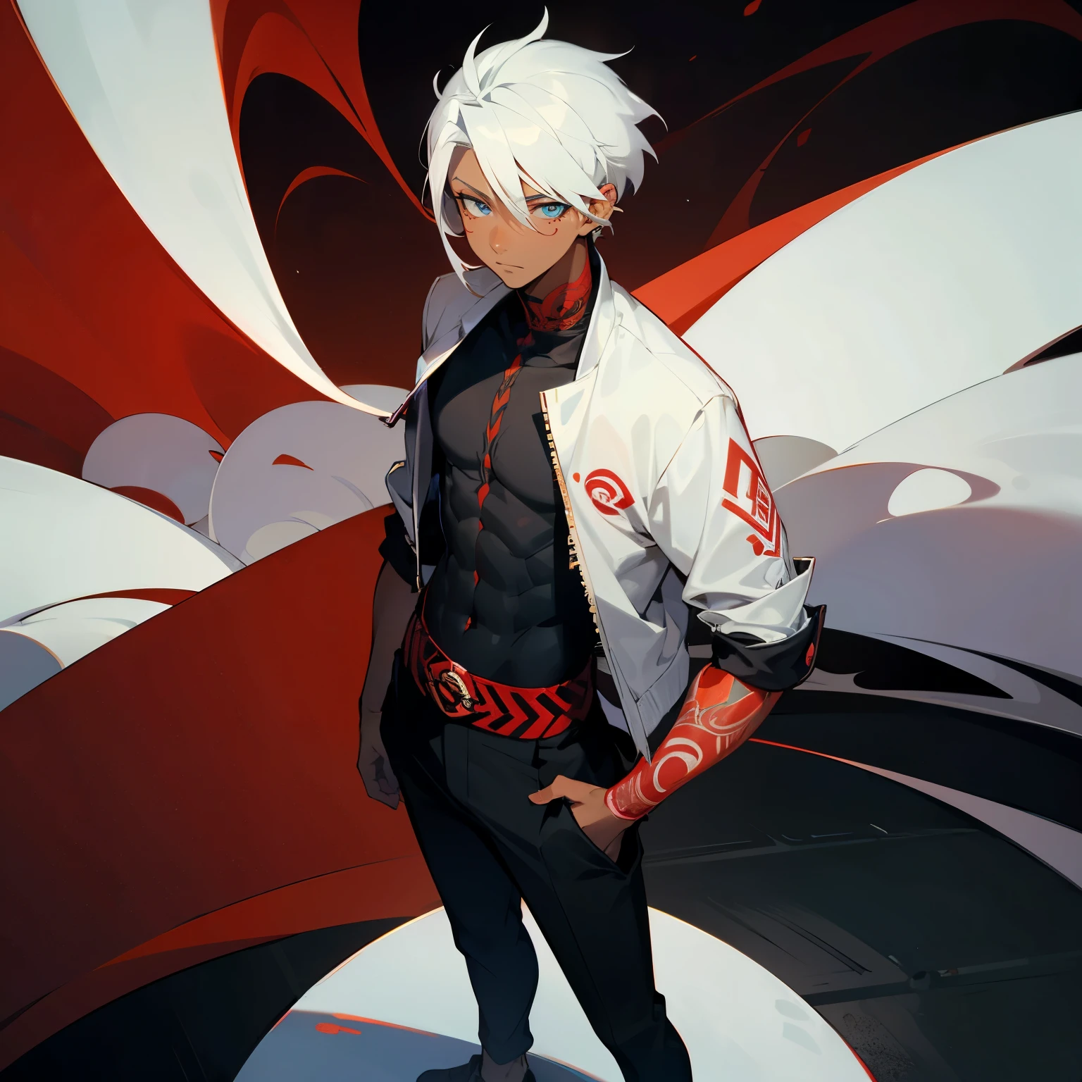 1male, Modern Undercut Hair ,Curly White Hair , Dark Skin ,White cropped jacket , Fitted Black Shirt with a red swirl pattern ,Somber Expression , Standing on path, Red Tribal tattoos on one arm, Pale Blue Eyes