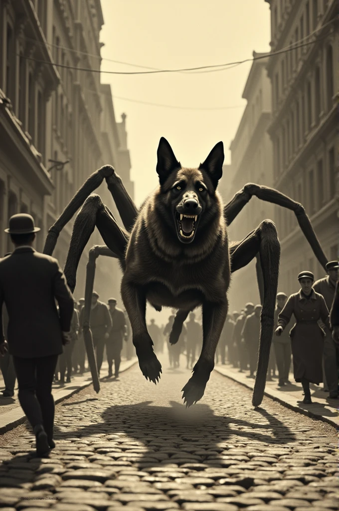 A vintage photograph of a pack of snarling furious massive German Shepherds each with eight spider-like legs skittering down a narrow city street in Berlin Germany circa 1934. Citizens flee in panic! Photorealistic, extremely detailed.