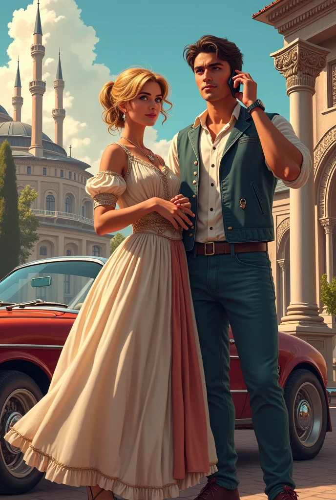 Create the cover of my book A PRINCESS IN TURKEY for me. Put the title in Brazilian Portuguese and my author name Kelly Ramos. Add a building in the background and a convertible car from the year 2023 to the cover of the book.,a princess dressed in dresses circa 1910 , his dark blond hair and blue eyes with a magic ring in his hand and a man dressed in casual clothes handsome and masculine man holding a cell phone talking in his ear make the image as human as possible very realistic