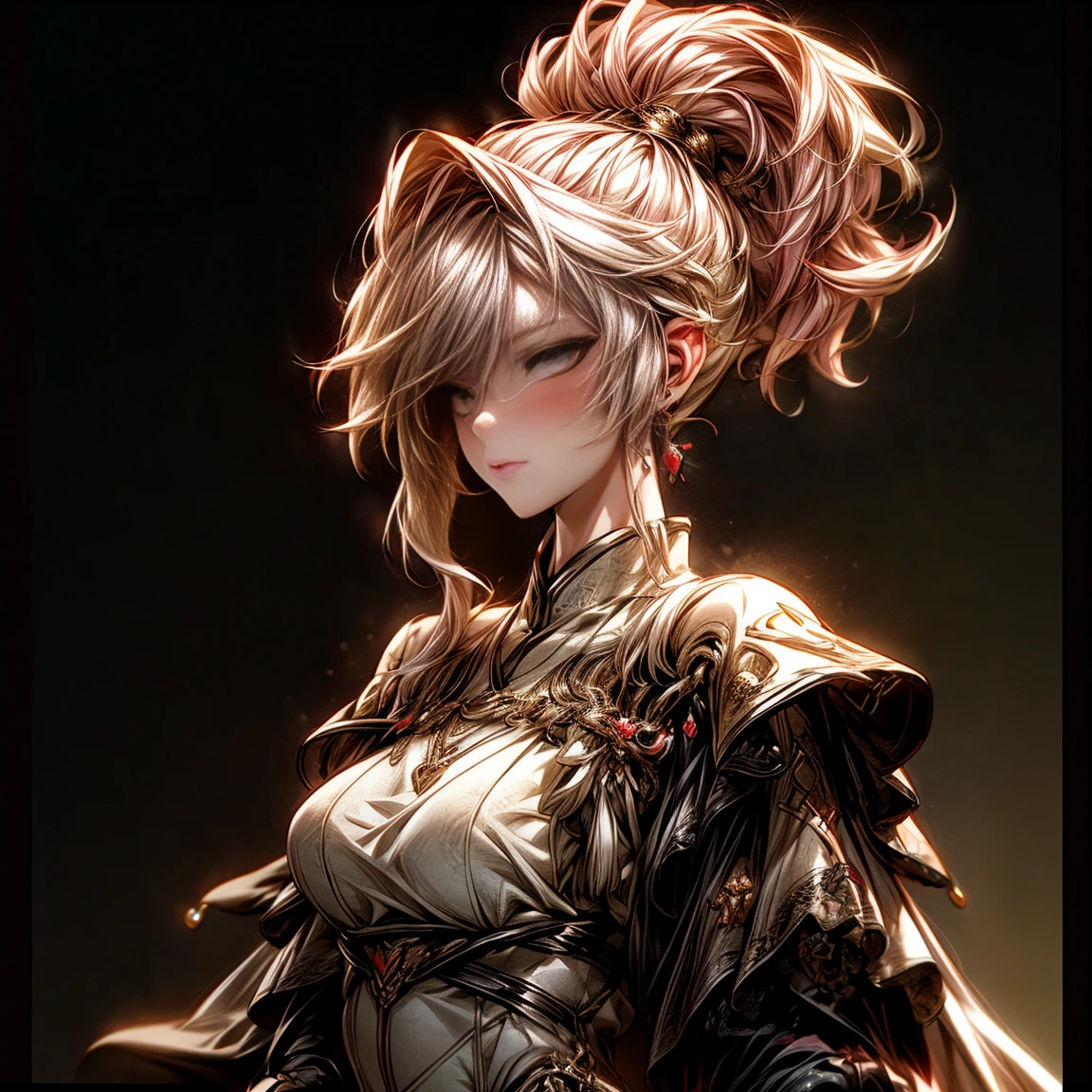 (best quality)), ((Masterpiece)), (details:1.4), 3d, HDR (high dynamic range), an image of a beautiful cyberpunk female, medieval, cyberpunk, pink hair, High ponytail, Beautiful white eyes, จมูกโด่ง, ปากแดง, หน้าอกใหญ่, nvidia RTX, PBR surface, After processing, Anisotropic filtration,depth of field, Maximum clarity and clarity, multi-layered surface, Subsurface scattering, perfect proportions, 8K raw files, ultra detailed, Perfect proportions, volumetric lighting, soft lighting, Holy Paladin, Heavy Golden Armor, White dress, glossy skin, intricate Golden embroidery, Castle background, jewely, ต่างหู, นิ้วมือสมบูรณ์,