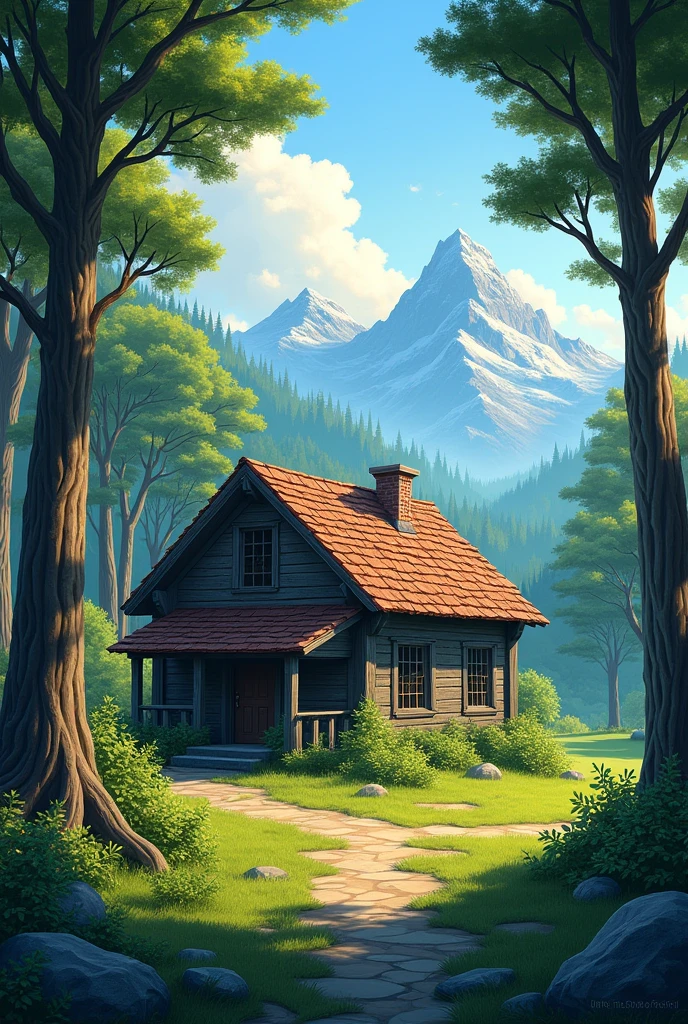 small old house in the forest surrounded by trees and mountains seen from the top of a mountain 
