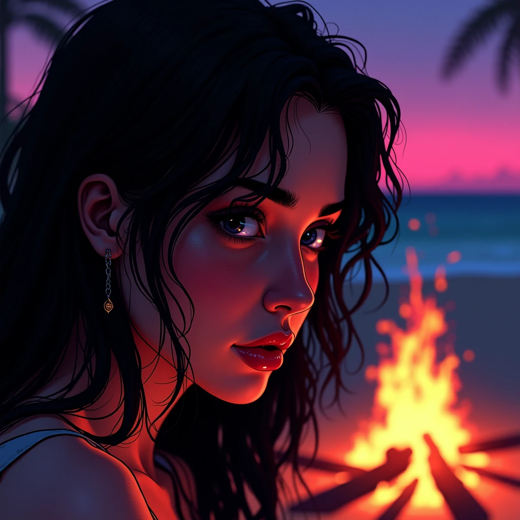 Black shadow of a woman's face in emo clothes watching a cartoon style campfire, Vice City GTA, beach background