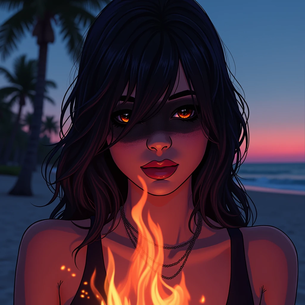 Black shadow of a woman's face in emo clothes watching a cartoon style campfire, Vice City GTA, beach background
