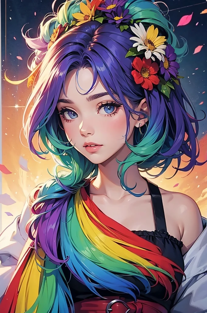 Big flower, rainbow hair girl, upper body