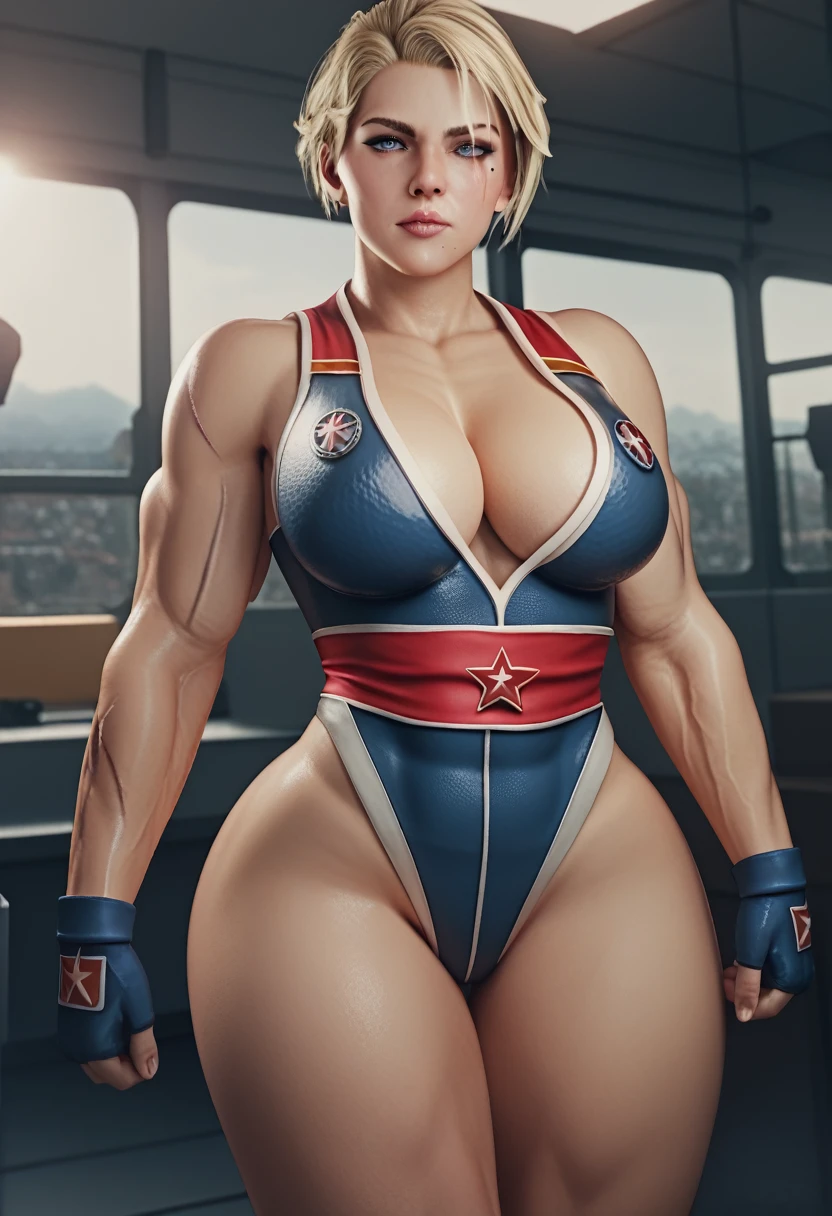 masterpiece, highest quality, highest resolution, distinct_image, detailed details) , 1 girl , solo , large breasts , large hips, cleavage, attractive body, attractive face, attractive eyes , soft skin , thin linear soft hair , one black mole under left eye , soft lips , soft skin , soft hair , attractive and brave facial expressions , on night , scars on arms and face , blonde hair, blue eyes, mascular muscles body , strong build body , Soviet Gymnastyorka outfit ,