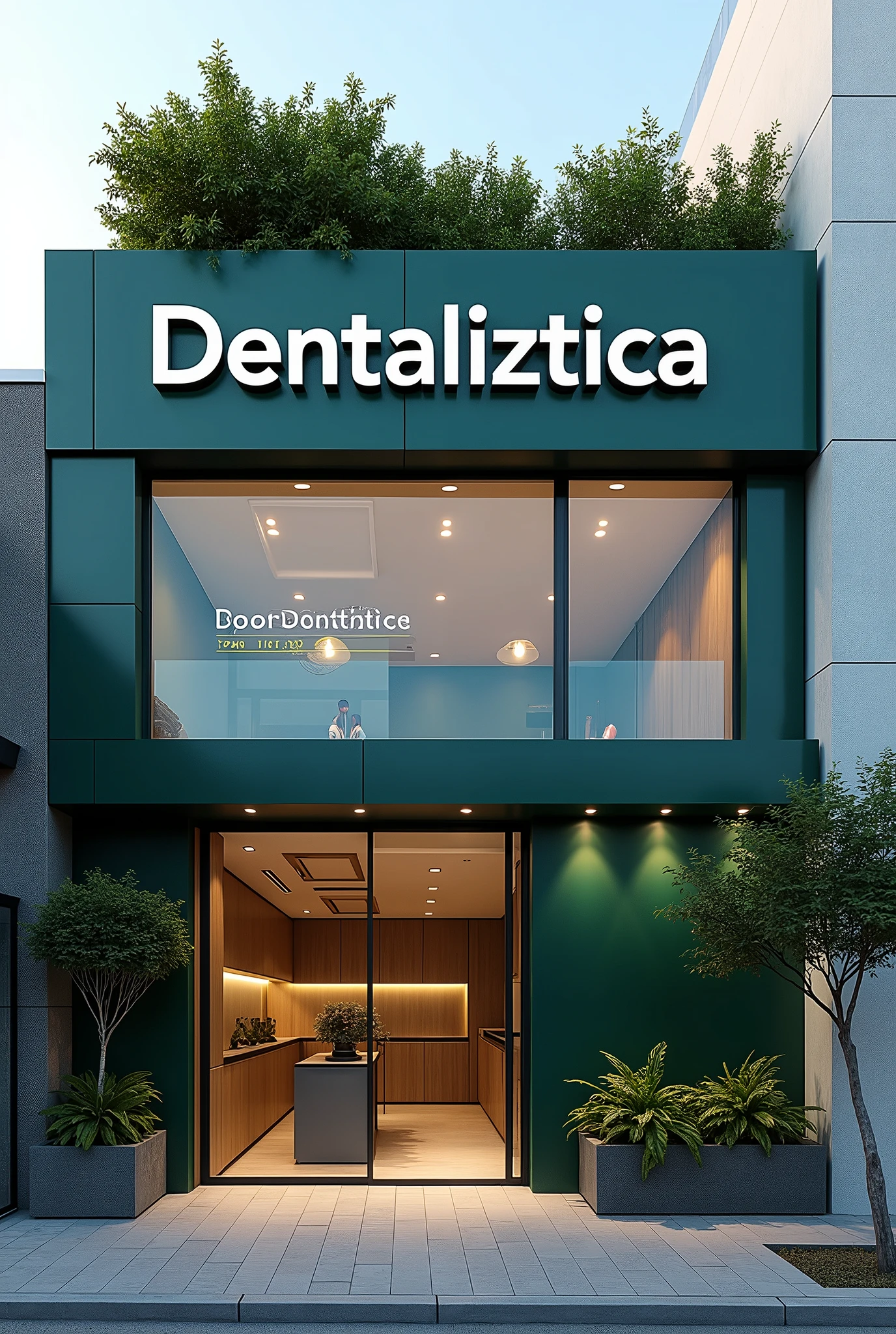 As the best exterior designer, design me an exterior for a dental clinic, where the name Dentaliztica is seen, be a color that reflects professionalism and is noticeable, you can use lead tones, emerald green or dark blue, a broad front