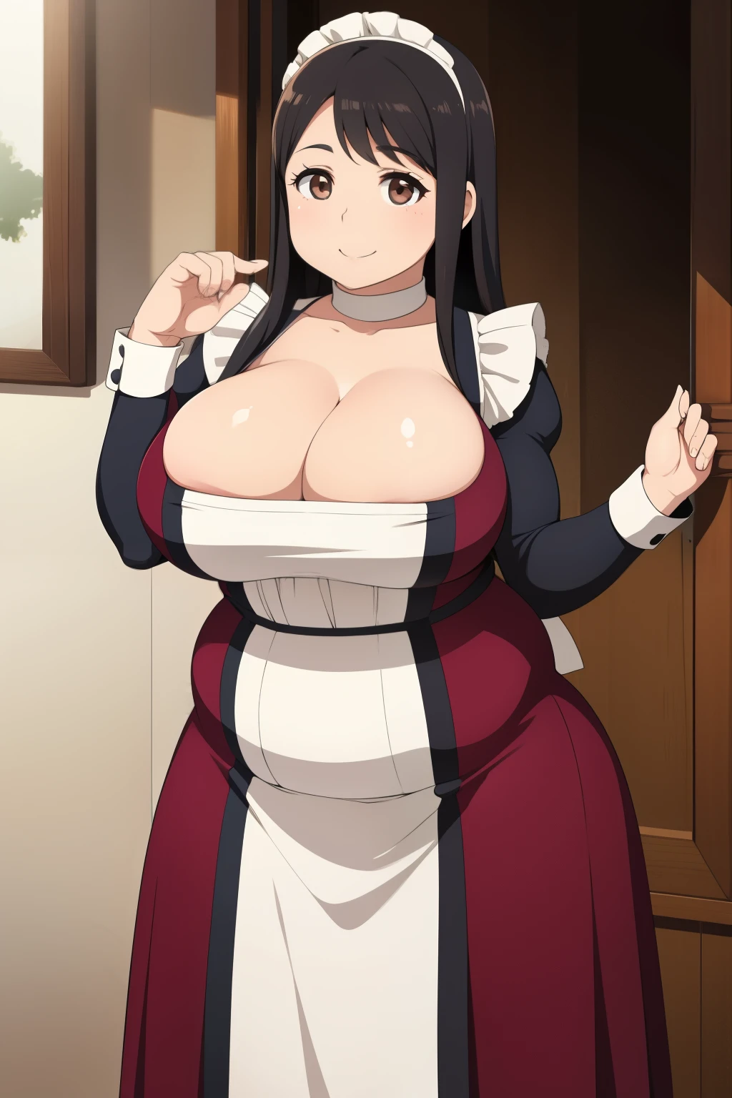 Plump year 21 big breasts black hair brown eyes chubby smile longer hair maid