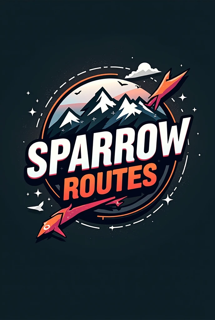 a circular logo , with white border, dark background, With the name "SPARROW ROUTES" in motorutes style , mountain and roblox