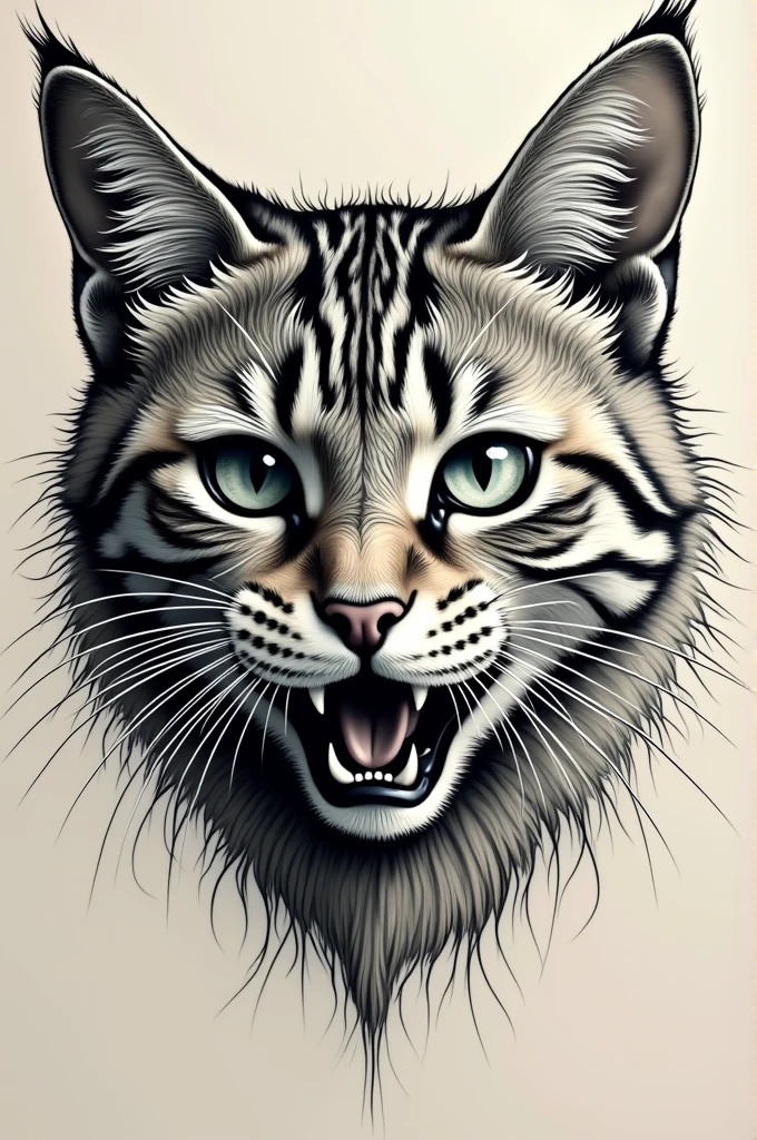 Face of an extremely different cat, something never seen before, remembering that it is just a cat&#39;s face drawn in lines just outlining without filling in the face, and with an aggressive appearance