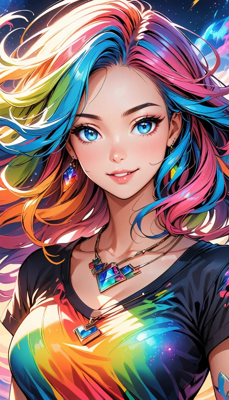 Close-up of a woman with colorful hair and necklace, Anime girl with space-like hair, The soft vibrancy of Ross Drose, Gvistian artwork, Fantasy art style, colorful], Vivid fantasy style, Ross draws energetic cartoons, cosmic and colorful, Gwaiz, colorful digital fantasy art, Great art style, Beautiful anime style, White skin, Night Court,