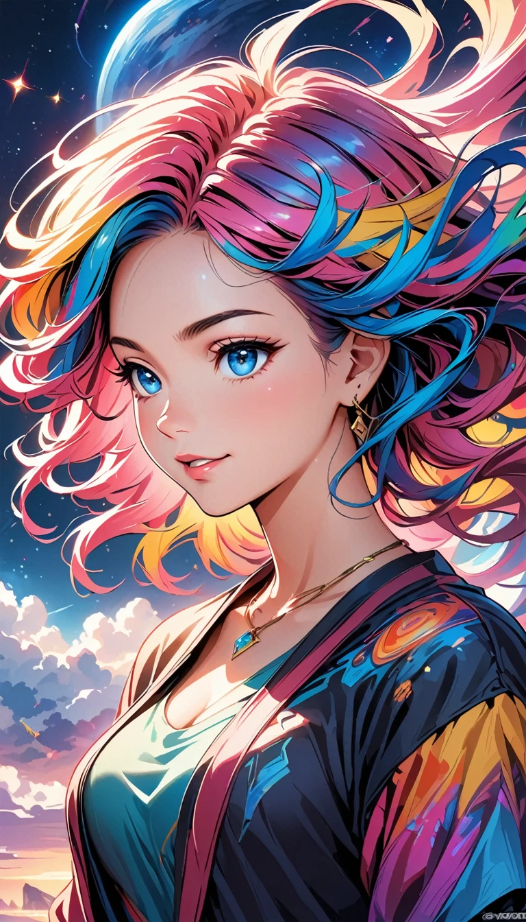 Close-up of a woman with colorful hair and necklace, Anime girl with space-like hair, The soft vibrancy of Ross Drose, Gvistian artwork, Fantasy art style, colorful], Vivid fantasy style, Ross draws energetic cartoons, cosmic and colorful, Gwaiz, colorful digital fantasy art, Great art style, Beautiful anime style, White skin, Night Court,