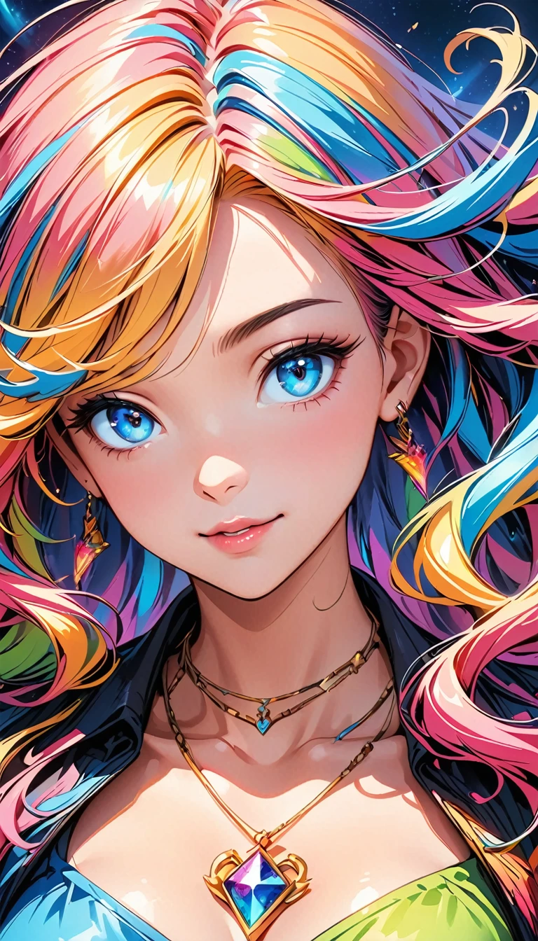 Close-up of a woman with colorful hair and necklace, Anime girl with space-like hair, The soft vibrancy of Ross Drose, Gvistian artwork, Fantasy art style, colorful], Vivid fantasy style, Ross draws energetic cartoons, cosmic and colorful, Gwaiz, colorful digital fantasy art, Great art style, Beautiful anime style, White skin, Night Court,