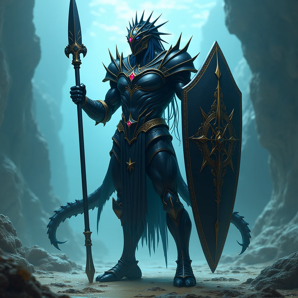 warrior with spear, humanoid appearance, shield, Fins on the arms and legs, armor with spikes similar to sea creatures, helmet, yugioh style, black armor and helmet, sea creature, without syrup, thin and not very muscular body, armor over the entire body, the armor must be black, must have red eyes and fins on the arms and fins on the legs, warrior of atlantis, fish fins are located in the forearm and calf region. The helmet resembles the head of a seahorse, violet eyes, chaos creature