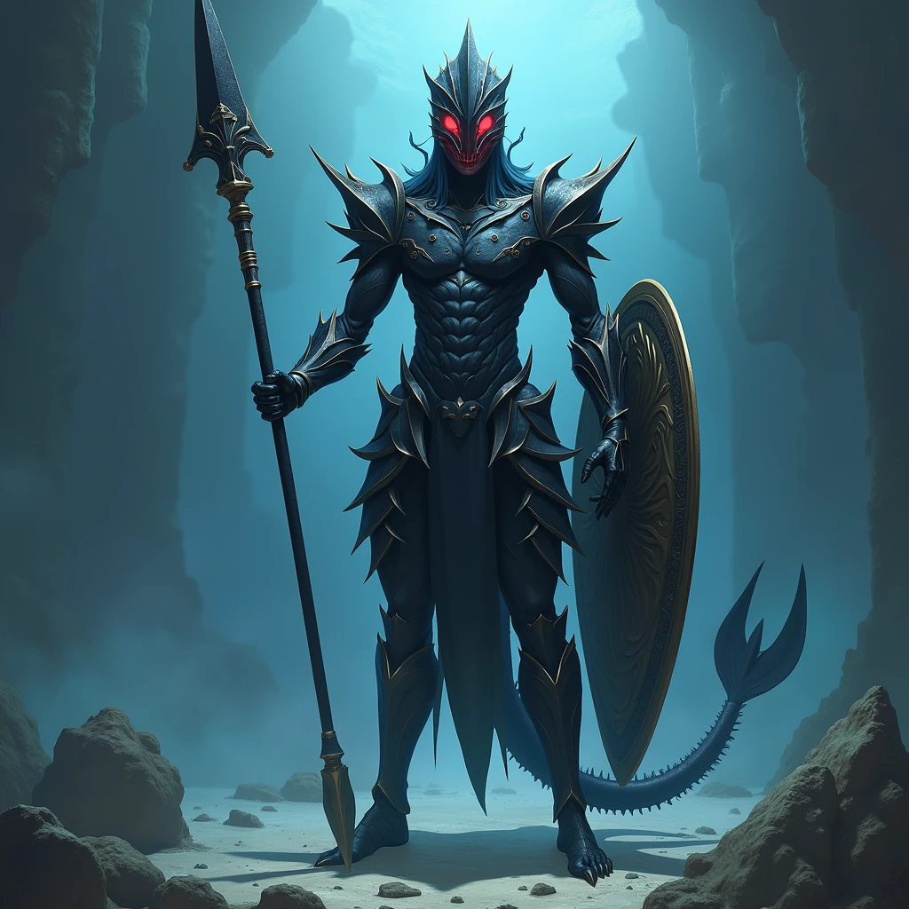 warrior with spear, humanoid appearance, shield, Fins on the arms and legs, armor with spikes similar to sea creatures, helmet, yugioh style, black armor and helmet, sea creature, without syrup, thin and not very muscular body, armor over the entire body, the armor must be black, must have red eyes and fins on the arms and fins on the legs, warrior of atlantis, fish fins are located in the forearm and calf region. The helmet resembles the head of a seahorse, violet eyes, chaos creature