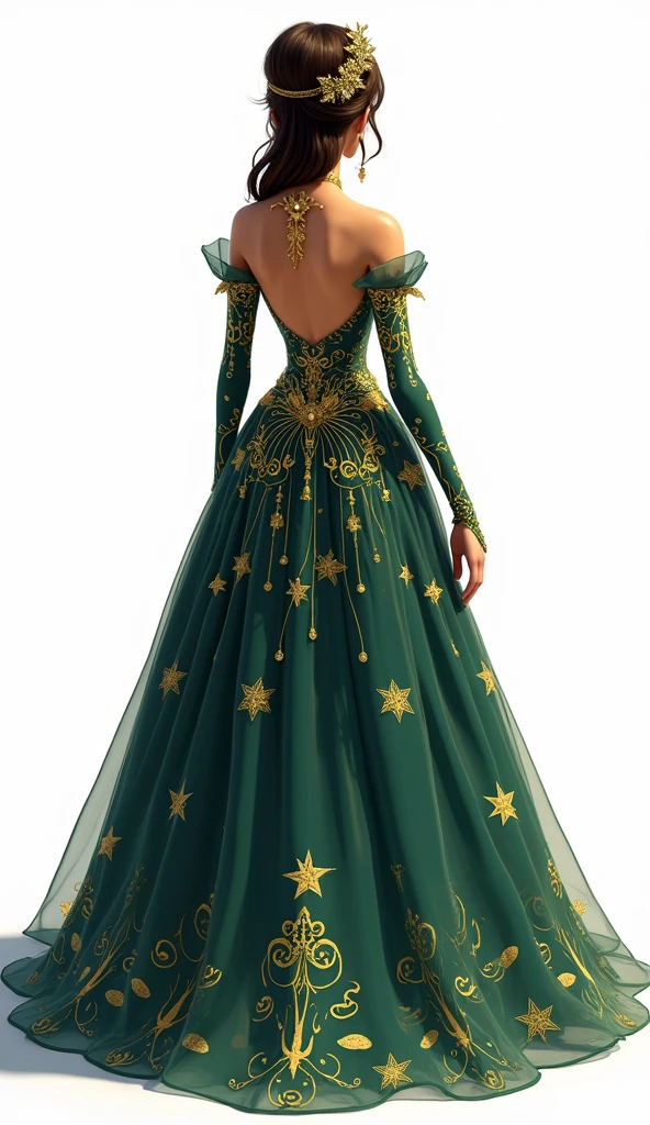 Create on a white background, Animated illustration of a quinceañera from behind, wearing an elaborate fantasy-themed costume, with gold stars and swirling patterns. Your clothing should resemble your real appearance., predominantly dark green, with intricate gold embellishments. The costume should feature rich and heavenly patterns., with a bare upper back and shoulders. The overall aesthetic should be magical and majestic., making the quinceañera look like a character from a fantasy kingdom.