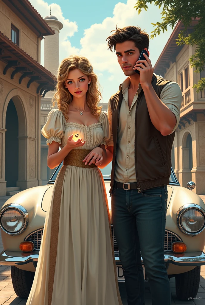 Create the cover of my book A PRINCESS IN TURKEY for me. Put the title in Brazilian Portuguese and my author name Kelly Ramos. Add a building in the background and a convertible car from the year 2023 to the cover of the book.,a princess dressed in dresses circa 1910 , his dark blond hair and blue eyes with a magic ring in his hand and a man dressed in casual clothes handsome and masculine man holding a cell phone talking in his ear make the image as human as possible very realistic
