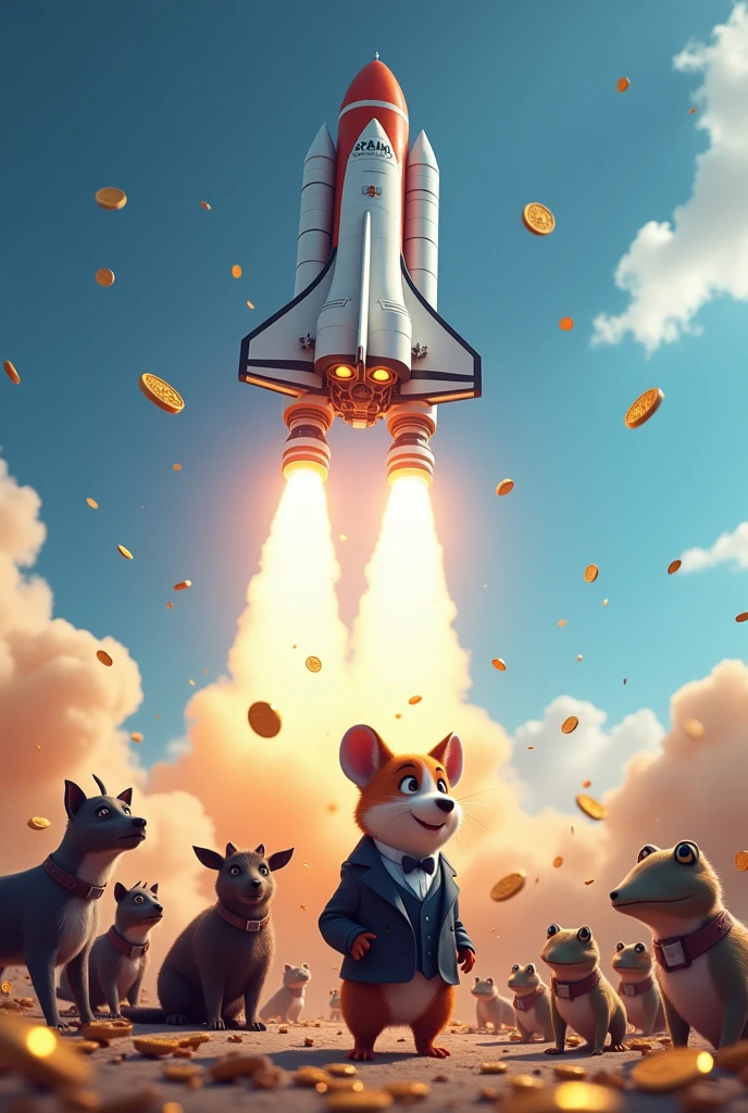 A space ship that has a flag written SPAACE ARENA that is going up fast and the ground is dusty due to the take off. There are black dogs cats goats frogs and an animated hamster wearing a suit looking up as it takes off , it should be blue-purple_ish in colour. The space ship should appear like it is dropping of gold coins as it goes up.