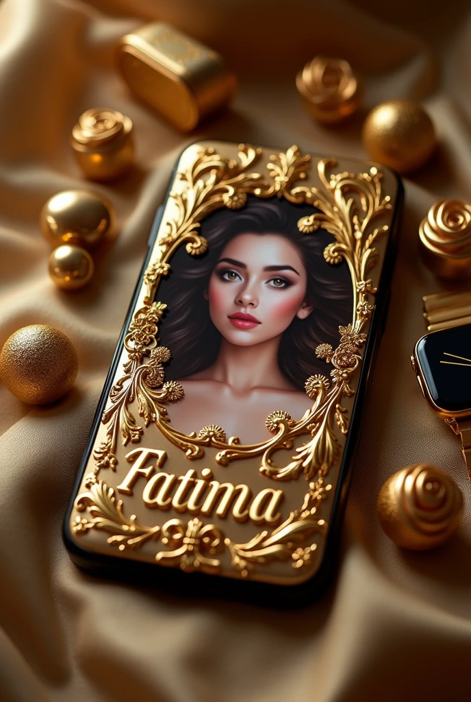 Generate a gold mobile placed on the table, there is a picture of a girl on the mobile cover, the name " Fatima" is written in 3D in gold color on the picture, the mobile cover is decorated with gold rose, gold color airpods and a gold color smart watch are placed on the side.