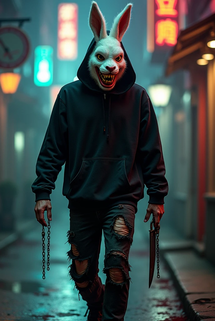 lizoldBS_soul3142,1 male, furry White bloody rabbit mask with creepy smile and yellow bloody teeth , completely Black hoodie, standing in the city street at night, neon lights in the background, steampunk, dystopia, ethereal, detailed, masterpiece, best quality, dramatic lighting, full body, torn Black pants, blood stains, walking to camera, holding ritual knife in the right hand, dead bodies in the background, bloody massacre