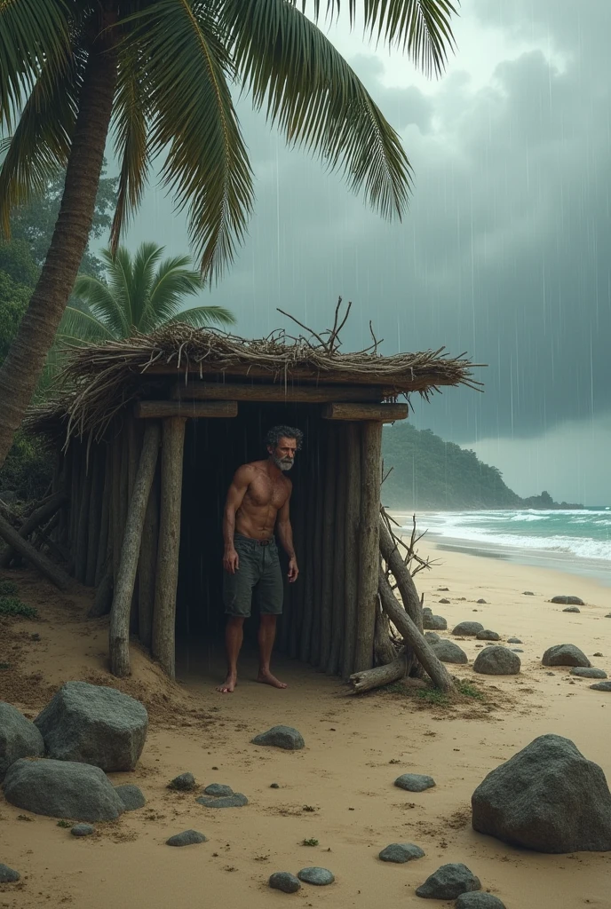 Man on a desert island taking shelter from the rain