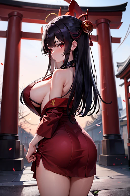 Girl in shrine maiden outfit, black hair, calm expression, late night, shrine, talisman, darkness, solemnity, large torii gate, large breasts