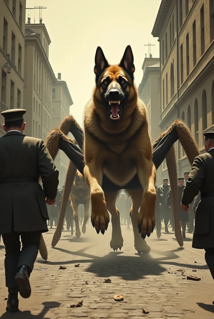 A vintage photograph of a pack of snarling furious massive German Shepherds each with eight spider-like legs skittering down a narrow city street in Berlin Germany circa 1934. Citizens flee in panic! Photorealistic, extremely detailed.