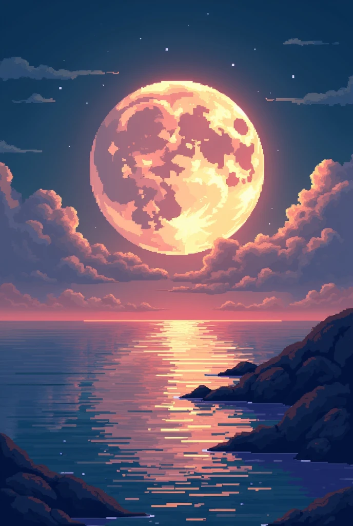 Pixel art of giant moon rising on calm sea, beautiful detailed pixel art, detailed pixel art, Lofidel retro video game, concept pixelart, detailed pixel artwork, Pixel art style, pixel town, pixel art animation, high quality pixel art, super detailed color lowpoly art, #Pixel art:3, # Pixel art, #Pixel art, 8k