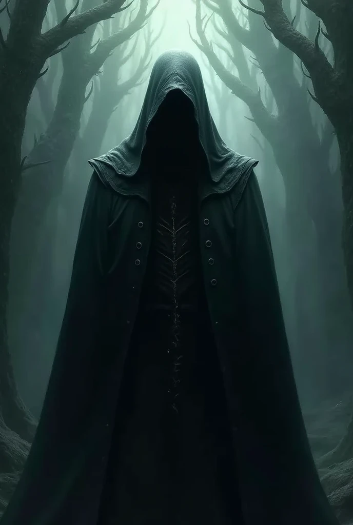 A dark and unknown face with a hood on his head, the god of the land of darkness.