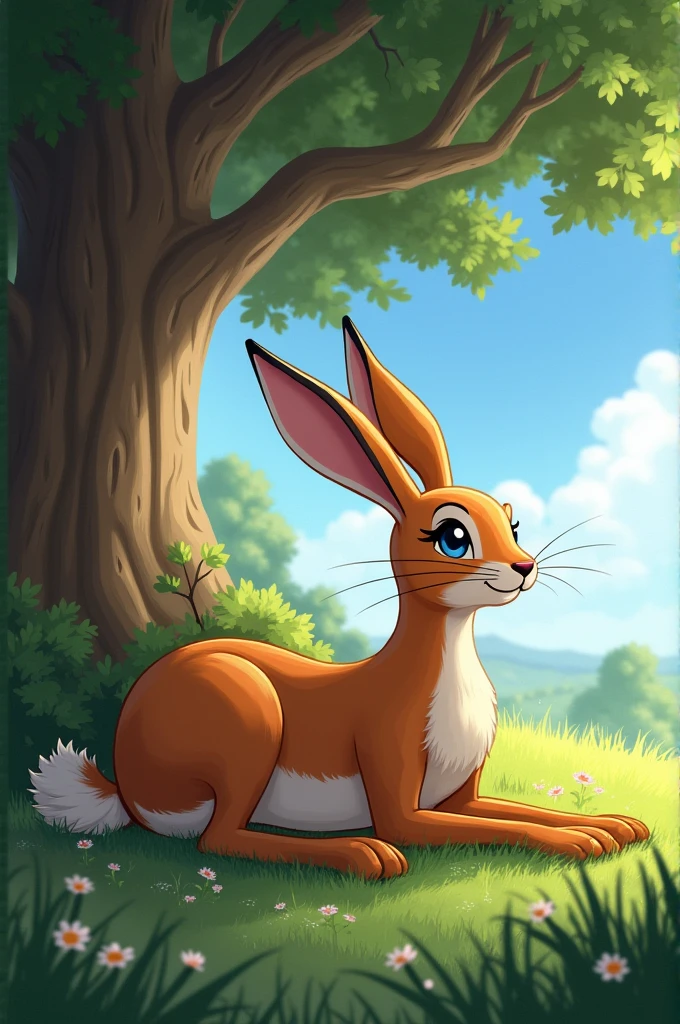 A proud, fast hare lounging under a tree.