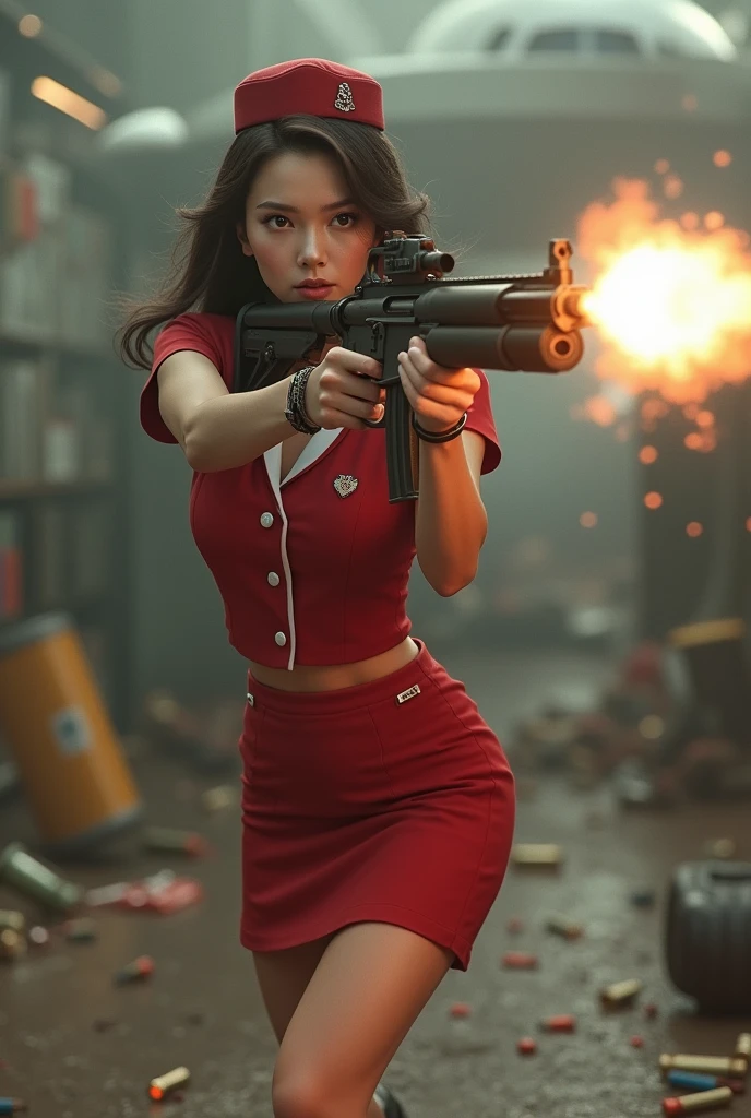 beautiful stewardess mini skirt realistic machine gun toting firing real person


