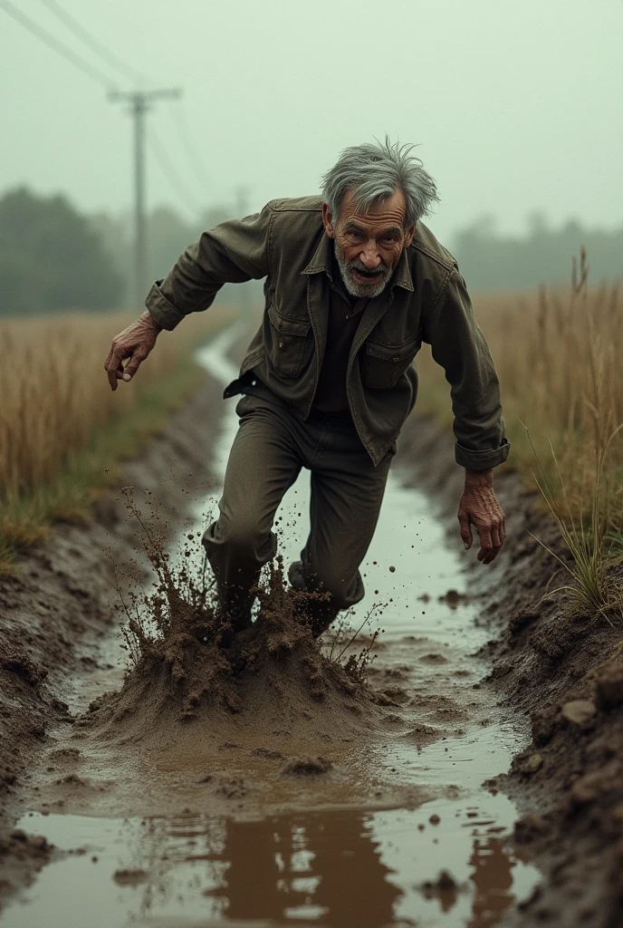 old man falling into the mud