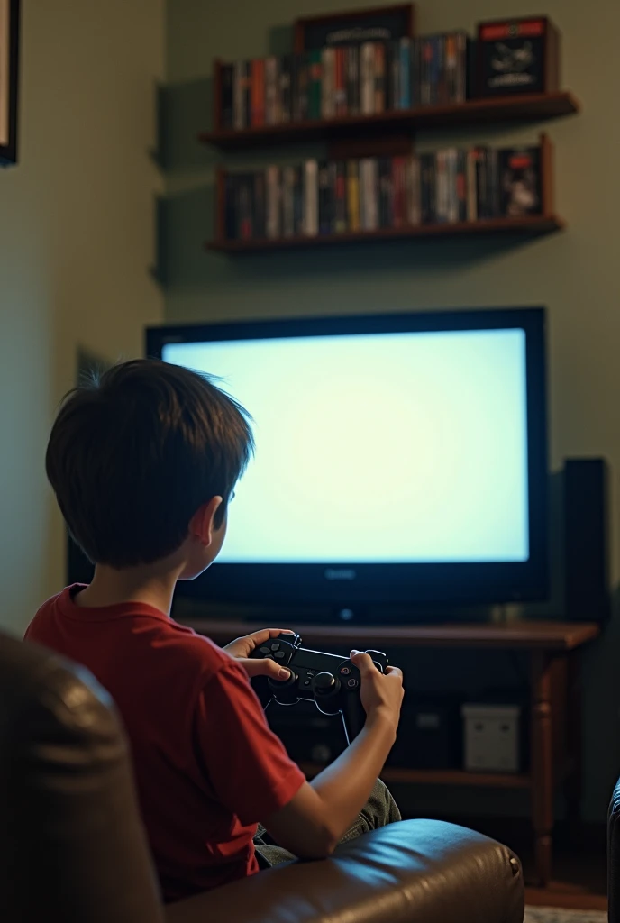  in a house in 2005 playing Playstation 2 in the living room on a tube television Image of him from behind looking at the TV, with the screen blank to facilitate video editing. Add a little more detail to the shelf, such as CDs and games on top, also showing the controller in the boy&#39;s hand., There can&#39;t be anything in front of the TV!, GET THE ??? OUT OF FRONT OF THE TV
