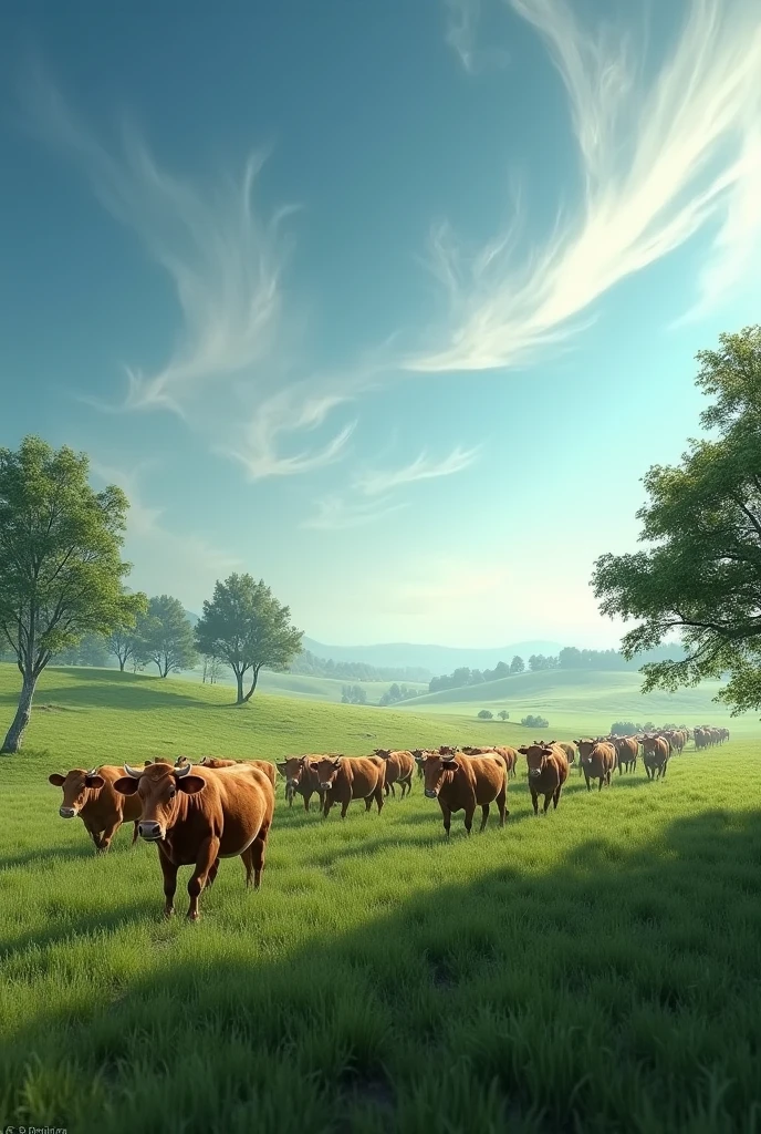 Create a highly realistic 3D image of a vast open field with a herd of cattle walking across it. The scene should be detailed, with lifelike textures for the grass, trees, and sky, and the cattle should appear as if they are coming out of the image into real life. The 3D effect should be strong, giving the impression that the animals are stepping out of the scene, creating an immersive, almost tangible experience.