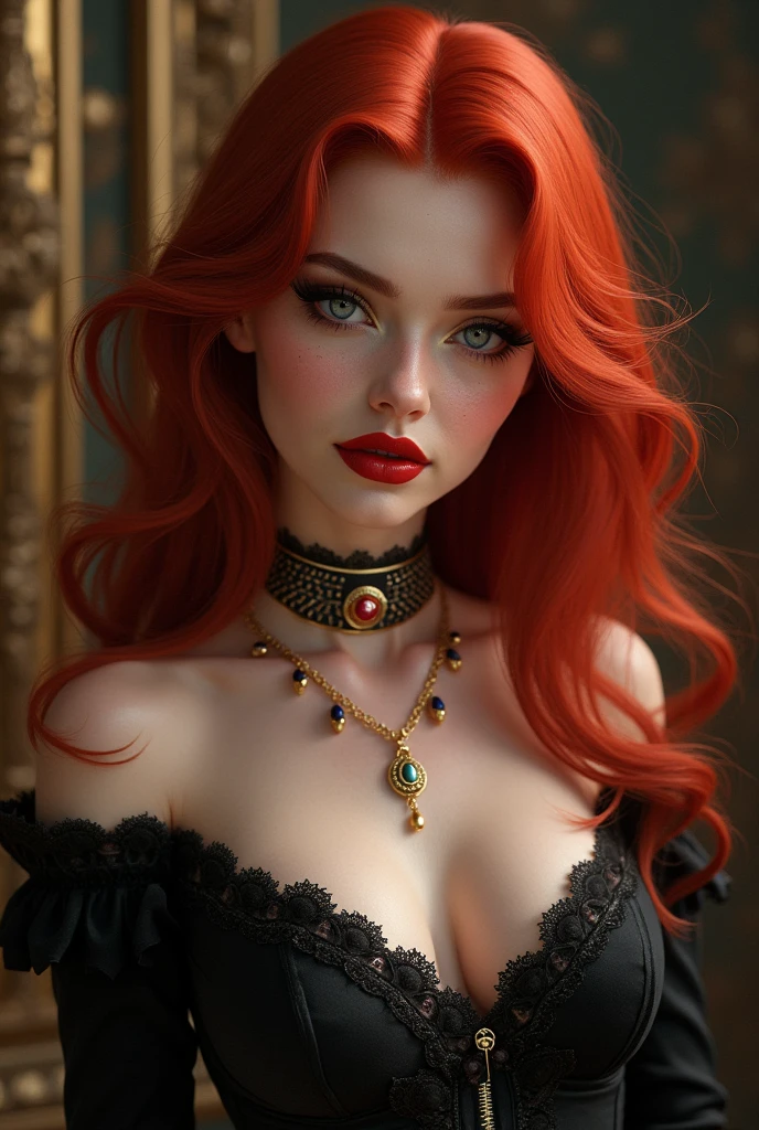 A very beautiful toreador vampire with extremely red hair, in your eyes you have complete heterochromia, she also has freckles, She has noble origins and is very fond of jewelry and always wears high heels., your high heel is elegant and chic 