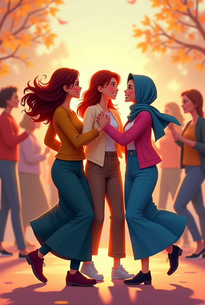 Create image of me and my friends. We are dancing together.We are girls 

One friend is short in height and she have short hair looking blood
Iam a tall person and have long hair 
Other friend is medium in height and wear hijab 