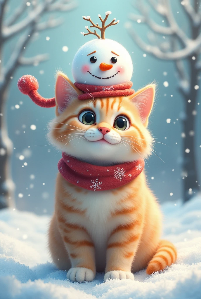 Cat with a snowman on its head、cute、Digital Art、photograph、