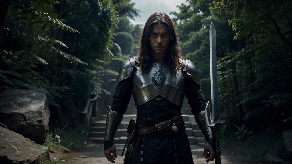 Create a dramatic and captivating YouTube thumbnail for a song titled 'Guardian with a Sword.' The scene should feature a male warrior in detailed, gleaming armor, holding a sword, standing prominently in the front and center of the picture. Ensure he has a determined expression and is clearly the focal point. Next to him, position a female character in a stylish bikini, standing slightly behind and to the side of the warrior, with a supportive and loving pose. Make sure both characters have realistic human facial features, with accurately shaped eyes, nose, and lips. The background should be a moonlit or starry night sky, avoiding jungle or forest settings. Add bold, impactful text overlay that says 'Guardian with a Sword - New Song!' Use a dark, intense color scheme with bright highlights to create a visually striking and dramatic thumbnail