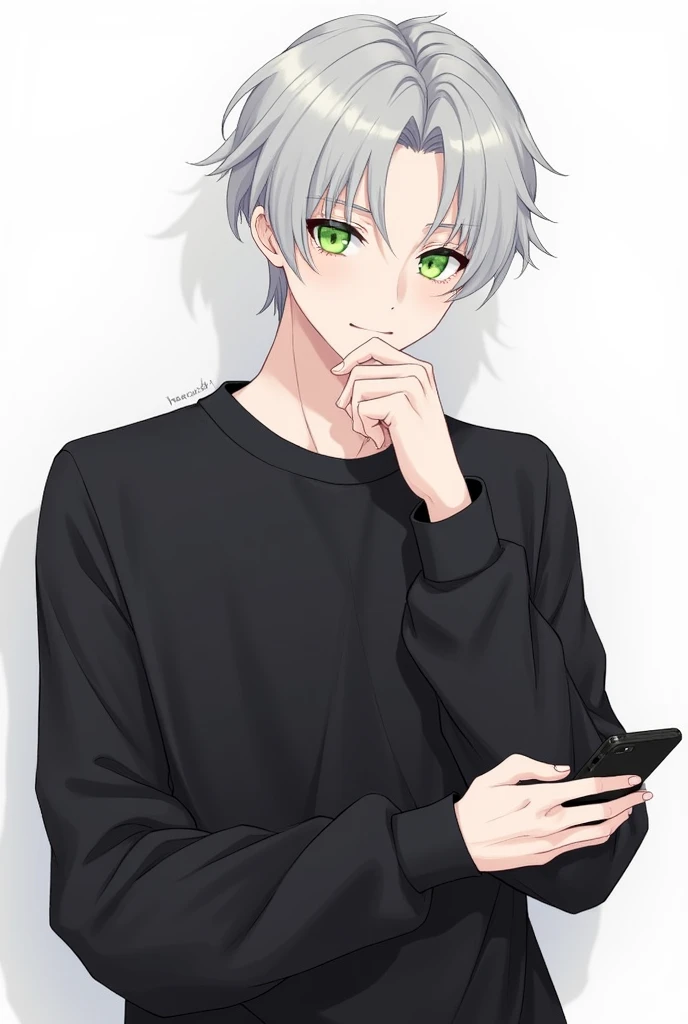 This image is、Shows the illustration of a young man。He is wearing a black sweatshirt、While holding the smartphone in one hand、The other hand is supporting the chin。His hair is short、In pale grey、I feel a little disorganized.、The eyes are bright green。His expression seems a little thoughtful.、It creates a calm atmosphere。The background is simple、His appearance stands out。overall、Stylish and attractive visuals。
This image depicts an illustration of a young man. He is wearing a black sweatshirt and is holding a smartphone in one hand while supporting his chin with the other. His hair is short and a light gray color, appearing slightly tousled, and his eyes are a vivid green. His expression seems contemplative