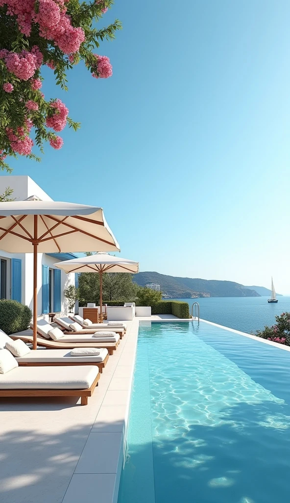 A luxurious Greek villa overlooking the Aegean Sea, set in a serene summer afternoon. The villa features traditional whitewashed walls with blue accents, typical of Cycladic architecture, blending seamlessly with the bright blue sky. A large, infinity pool is in the foreground, its crystal-clear water reflecting the sun's rays. Comfortable, stylish sun loungers with plush white cushions line the poolside, shaded by elegant cream-colored umbrellas. Lush greenery and vibrant bougainvillea flowers frame the scene, adding a burst of color. In the background, the tranquil sea stretches to the horizon, with a few sailboats gently gliding across the water. The atmosphere is calm and inviting, perfect for relaxation and enjoying the natural beauty of a Greek summer.
This scene captures the essence of luxury and relaxation, ideal for content focusing on the calming and rejuvenating aspects of a Greek summer by the pool.