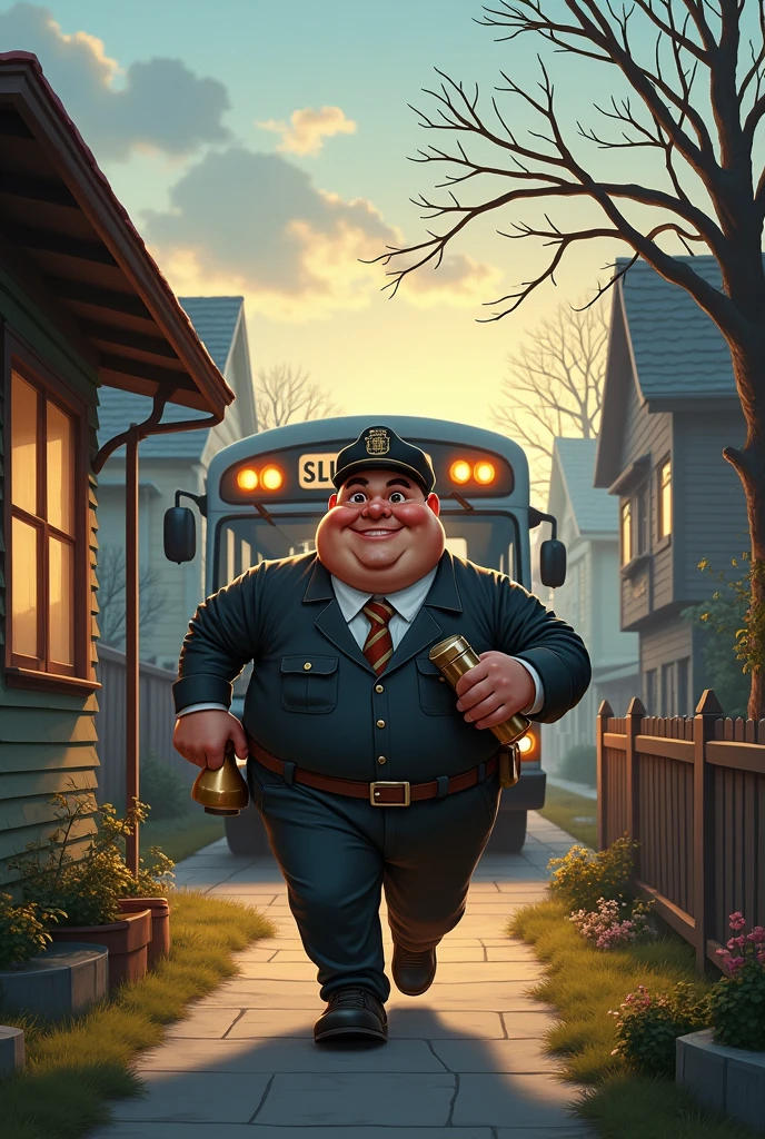 Funny chubby driver leaving very early in the morning to work with his bus