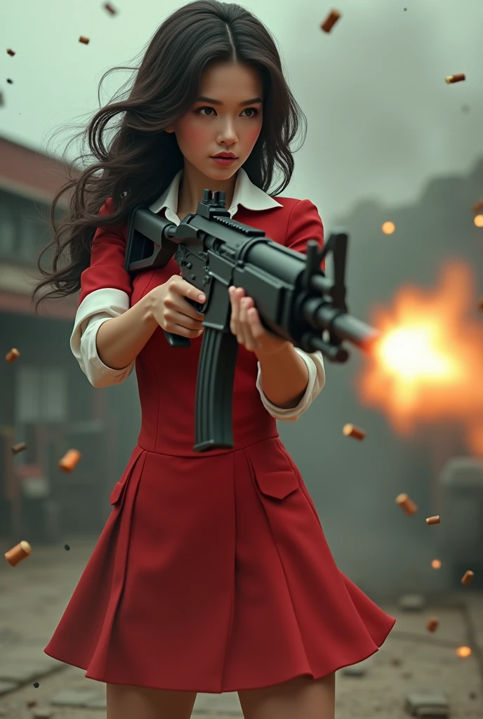 beautiful stewardess mini skirt realistic machine gun toting firing real person