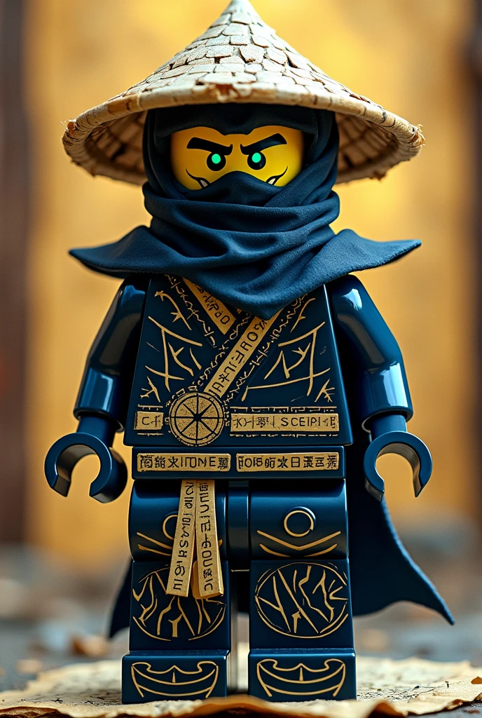 Créer moi un lego ninja go premier maitre du spijisufuturiste de la dernière puissance dimensionaireninja avec un masque de couleur noir, or sur la tête et un bandeau blanc autour de la bouche et un chapeau de paille sur la tête avec une peau jaune et il faut des traces d’électricité jaune et bleu foncé dans le visage et un regard terrible de lumiere avec des yeux en vert clair brillant avec une puissance incroyable avec comme puissance élémentaire l’électrique, l’énergie, la terre, le feu, la glace. Les habits du ninja doit être en blancanthracite, bleu nocturne et golden suprême et fer anthracite avec des reure en forme d’électricité bleu clair et jaune brillant et des écritures japonaises et le parchemin antique sacré le plus puissant en golden. Un ninja imbattable monstrueux beaucoup trop puissant qui contrôle tous les pouvoirs élémentaires. Le ninjadoit être destructeur et soif de victoire un gentil et mechant