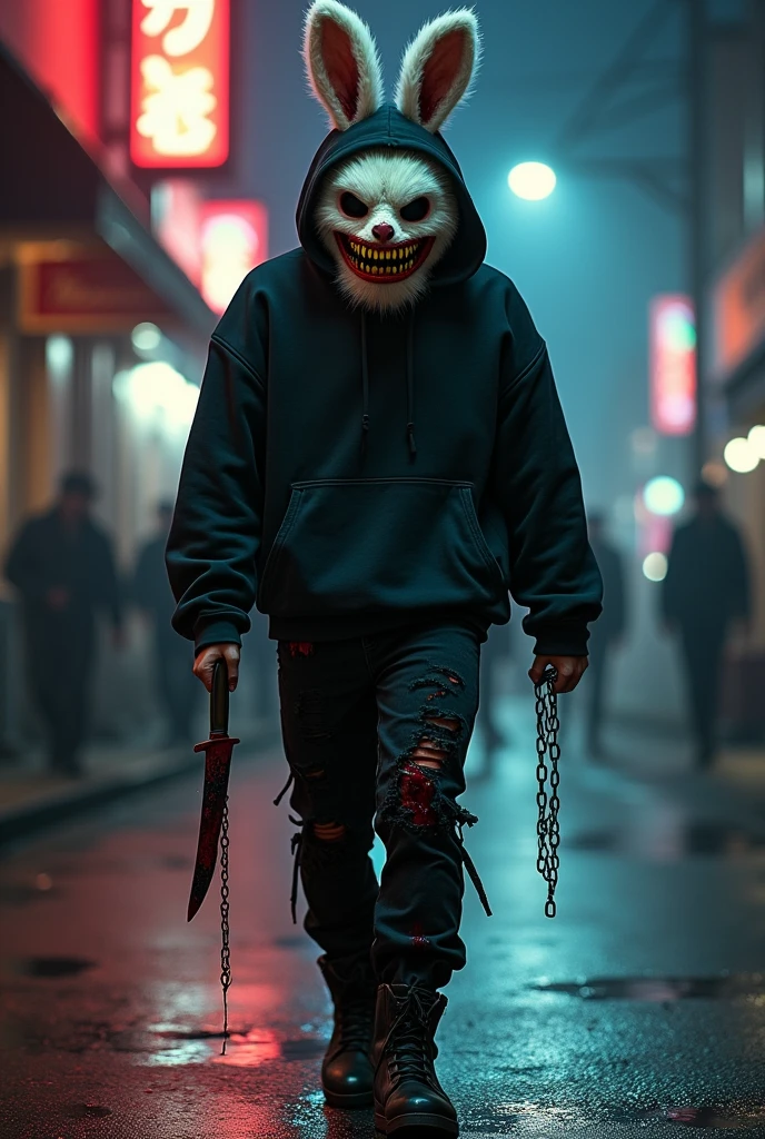 lizoldBS_soul3142,1 male, furry White bloody rabbit mask with creepy smile and yellow bloody teeth, completely Black torn hoodie, standing in the city street at night, neon lights in the background, steampunk, dystopia, ethereal, detailed, masterpiece, best quality, dramatic lighting, full body, torn Black pants, blood stains, walking to camera, holding ritual knife in the right hand, massacre in the background, chains in left hand